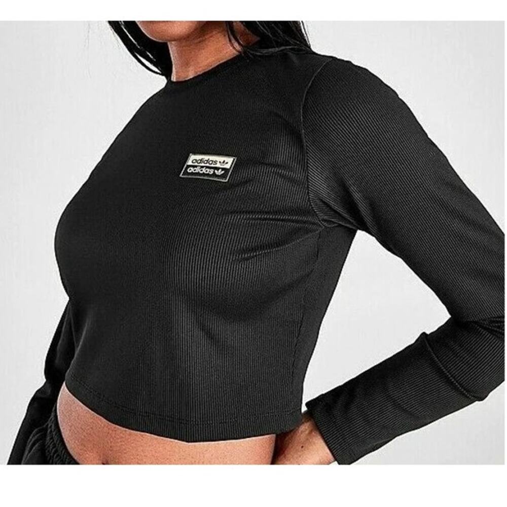 Adidas Originals Women's Outline Ribbed Crop Long Sleeve Shirt Black Medium